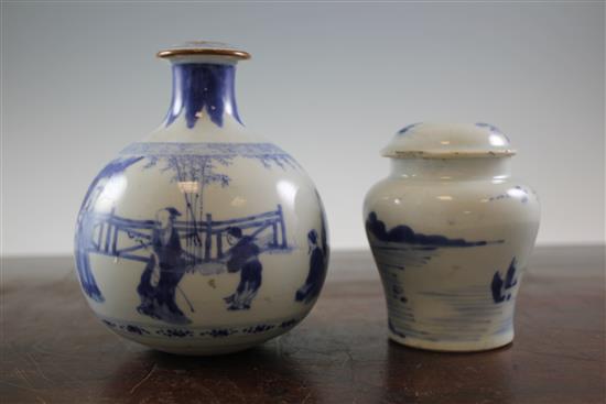 A Chinese blue and white huqqa base and a similar opium pipe base, Kangxi period, 12cm., rim chips
